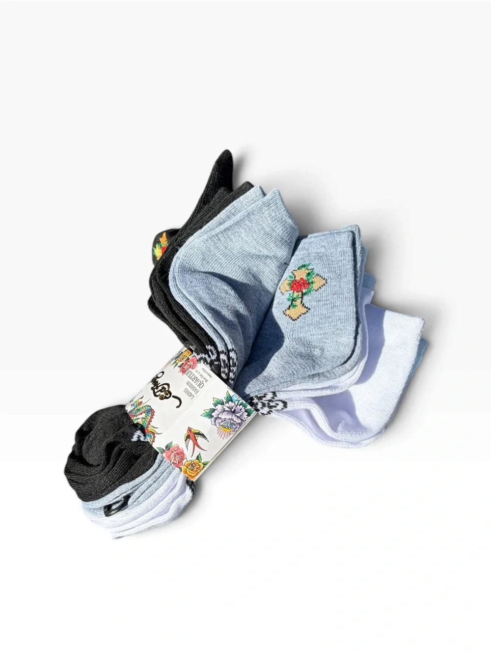 Ed Hardy Black White Gray Rose & Cross Floral Quarter Socks 6 Pack